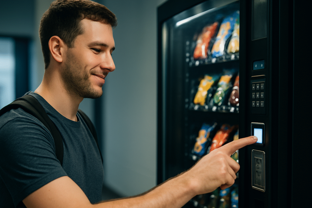 Young professional smiling while selecting snack from vending machine